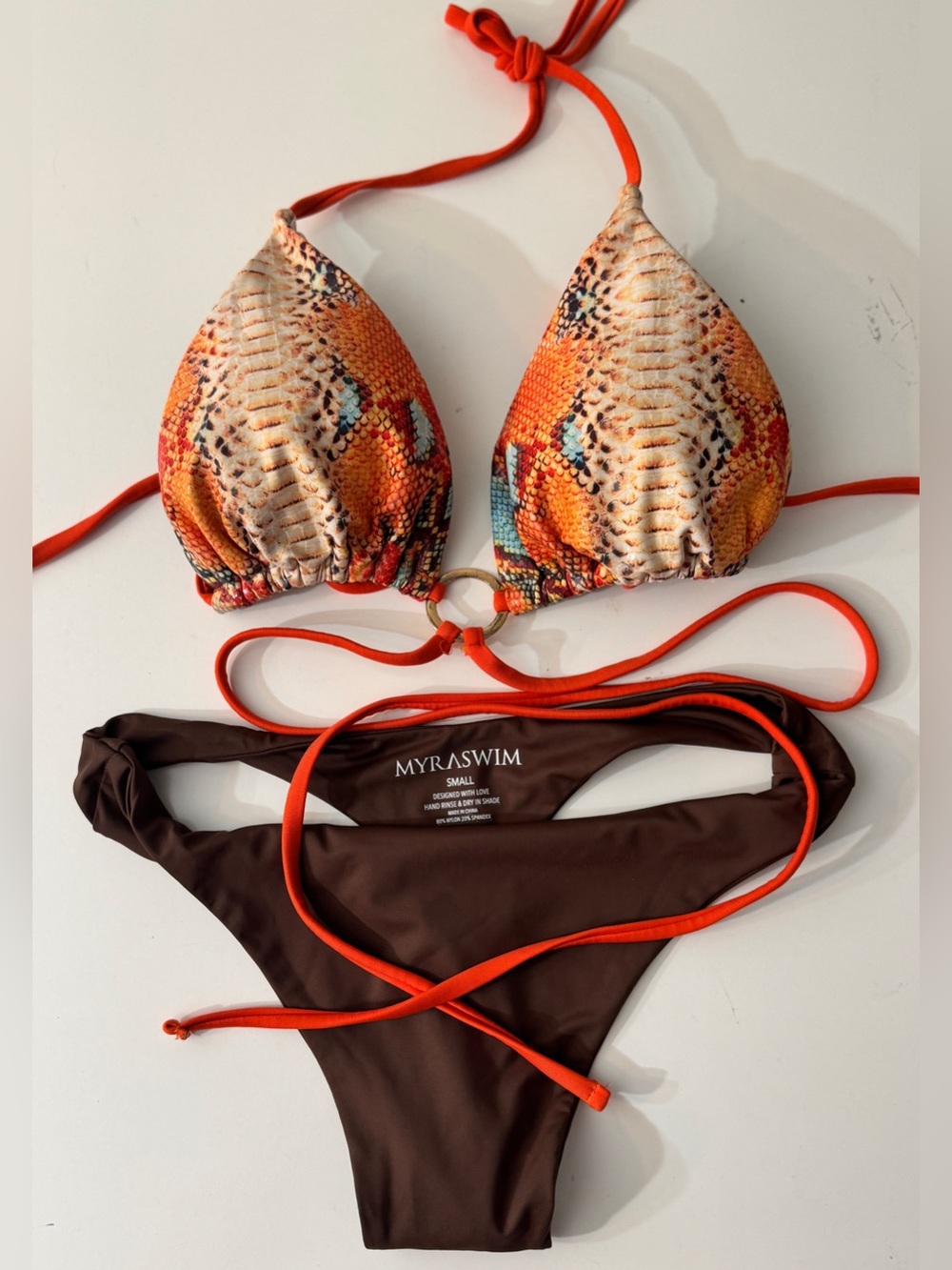 Myra Orange Snake-Print Triangle Bikini Set. Bikini Bottom is a thong!